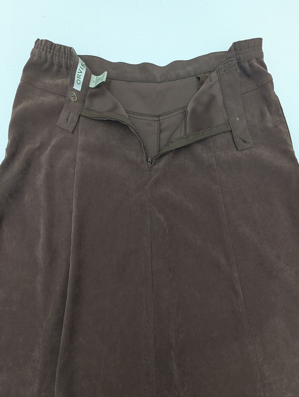 Orvis Vintage Brown Faux Suede A-Line Midi Skirt Sz 12 Pockets Fall Photo Shoot - Picture 11 of 11